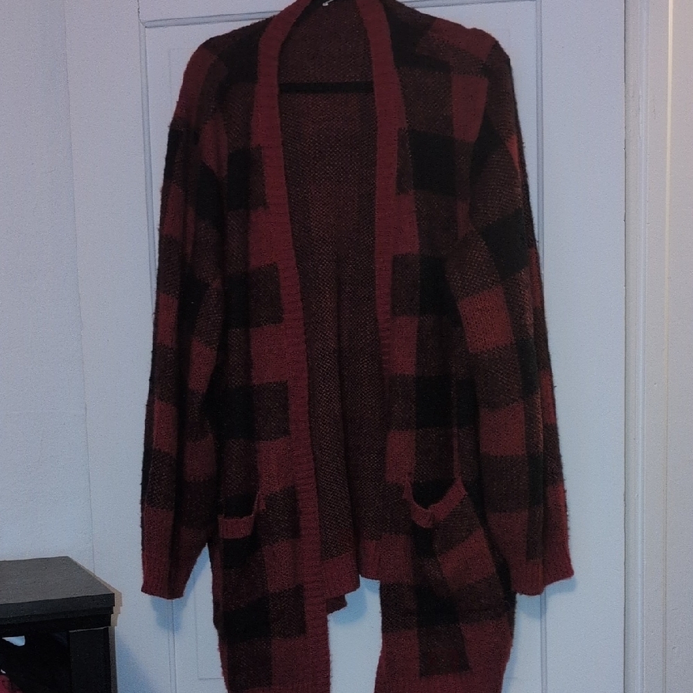 Maurices Red and Black Checkered Cardigan